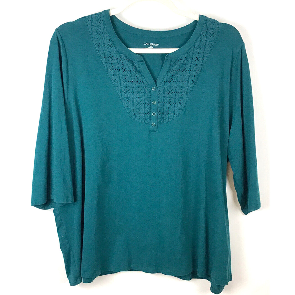 Catherines Womens 3/4 Sleeve Top Size 4X Green Stretch Henley Crochet Accent